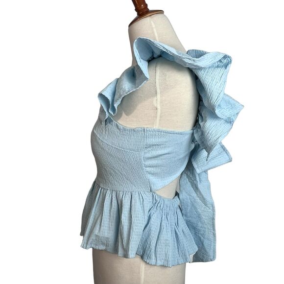 Anisa Peplum Jessie Bow Back Blouse in Light Blue by Francesca’s - Picture 7 of 16